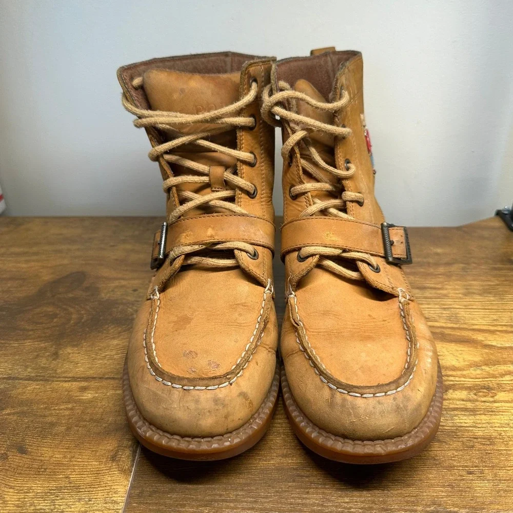 Polo Ralph Lauren Ranger Boots Tan Leather Polo Bear Moc Toe Buckle - Picture 3 of 13
